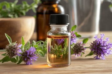 Tools and natural ingredients: pennyroyal essential oil elegantly showcased.