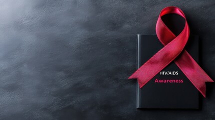 Red ribbon symbolizing HIV/AIDS awareness on a dark background, promoting health education and support.