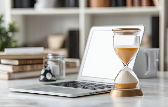 Modern workspace with hourglass and laptop.  Time management concept