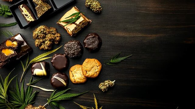 Variety of cannabis edibles and treats arranged on a wooden table with hemp leaves in full view