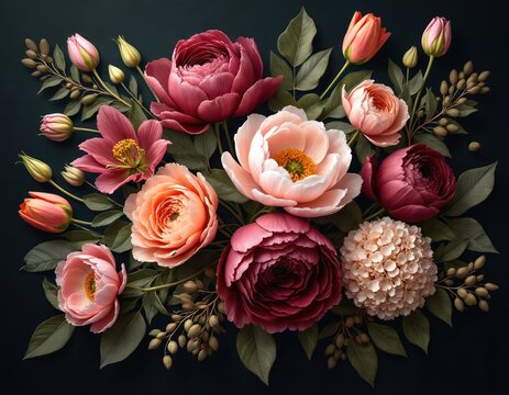 Elegant floral arrangement featuring peonies roses tulips lily hydrangea on black. AI-generated botanical design suitable for cards invitations poster prints.