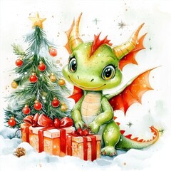 Obraz premium Charming dragon surrounded by Christmas ornaments and gifts.