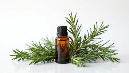 Rosemary essential oil bottle on white backdrop. Fresh rosemary sprigs around bottle. Natural herbal medicine, organic aromatherapy oil. Spa, wellness, beauty product. Remedy, treatment for health,