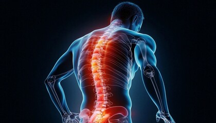 Medical representation of back pain against a dark blue backdrop.