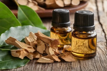 Copaiba essential oil displayed on a rustic wooden table.
