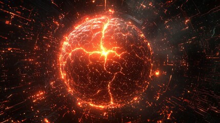 Obraz premium Abstract representation of computation with digital sphere glowing in fiery orange and red hues set against a dark futuristic background