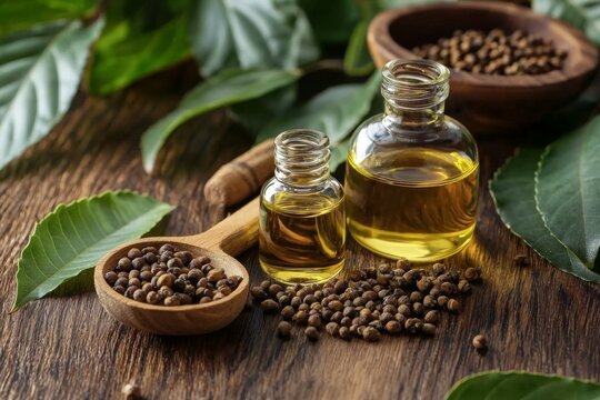 Aromatic benefits of copaiba showcased on wooden surfaces.