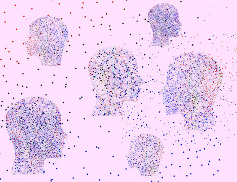 Artificial Intelligence Heads in Cyber Space on Pink Background