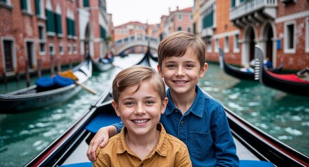 Obraz premium Happy young kids in Venetian canal with gondolas floating background portrait photo 