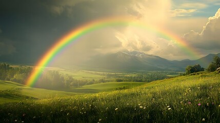 Naklejka premium Rainbow over mountain meadow