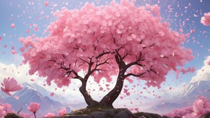 "Dreamy Cherry Blossom Tree on Rocky Hill at Sunset"