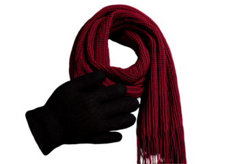 Burgundy Knit Scarf and Black Knit Gloves on White Background