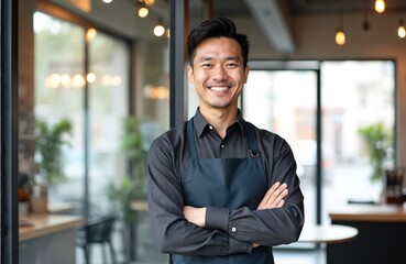 Asian barista cafe owner smiles. Open cafe, SME entrepreneur, seller, business concept. Happy man in apron welcomes customers at cafe door. Smiling, confident professional ready for service.