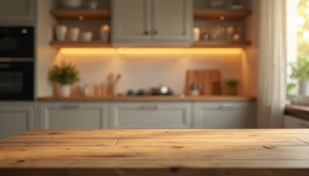 Wooden table foreground kitchen interior, blurred background with cabinets shelves, bokeh effect. Modern home design, cooking space, culinary presentation, product mock up. Neutral tones, cozy