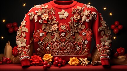 Fototapeta premium Ornate Red Sweater with Intricate Floral Embroidery