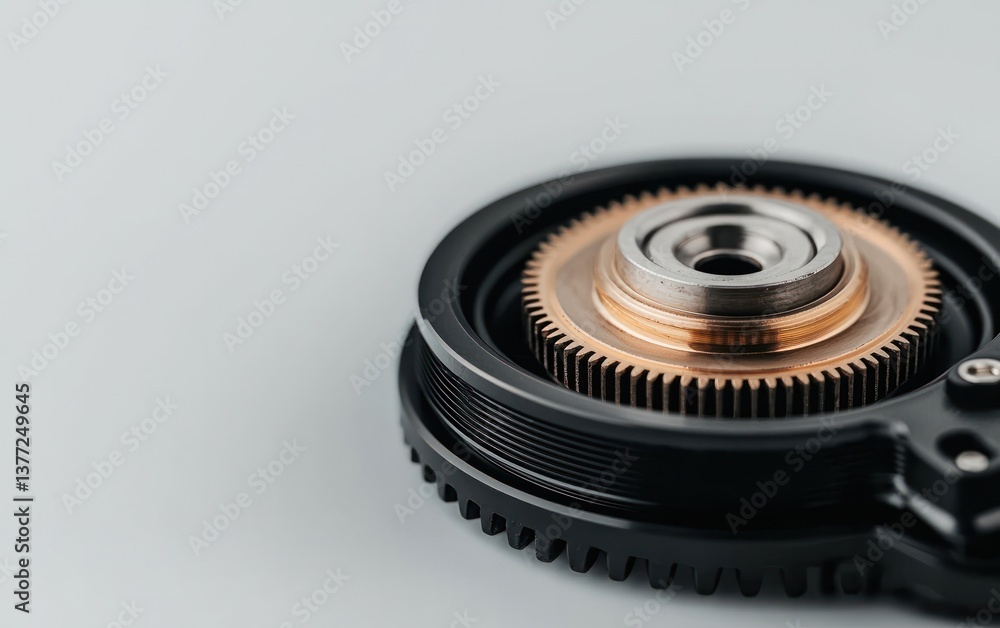 Poster close-up view of intricate metallic gears, showcasing precision engineering and detailed mechanisms.