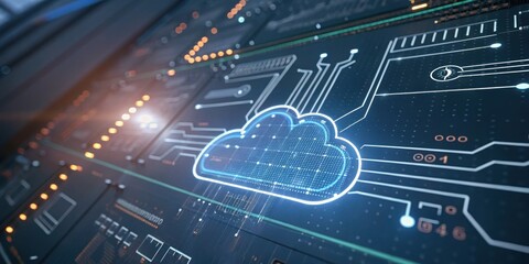 Cloud Computing in Server Room Concept. Digital cloud computing network with abstract technology background and data flow visualization