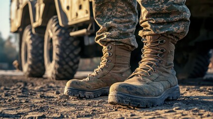 Fototapeta premium A soldier military boots lined up in front of a military vehicle.