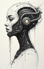 Detailed inkjet print illustration features japanese android woman. Mechanical jaw, robotic elements, human face, black oil dripping. Concept art blends organic, mechanic. Cyberpunk, future tech,