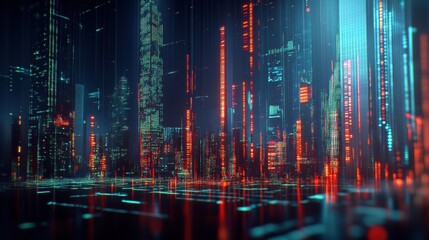 Futuristic City Nightscape with Vibrant Neon Lights and Rain