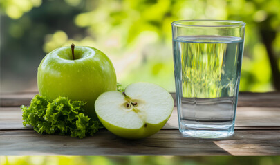 Fresh green apple sliced in half on wooden table with glass of water and leafy greens, symbolizing healthy eating, liver detox, and natural wellness lifestyle.	