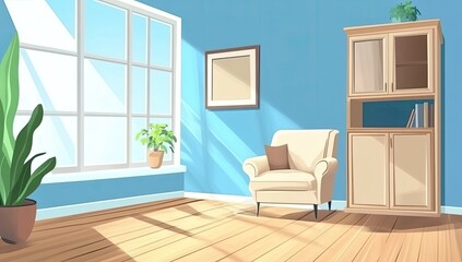 Sunny interior room with a cozy armchair, plants, and a window