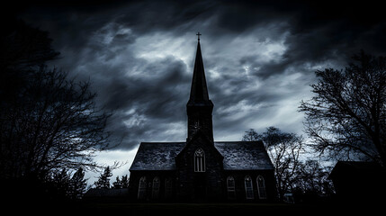 Dark Silhouetted Church Under a Stormy Night Sky