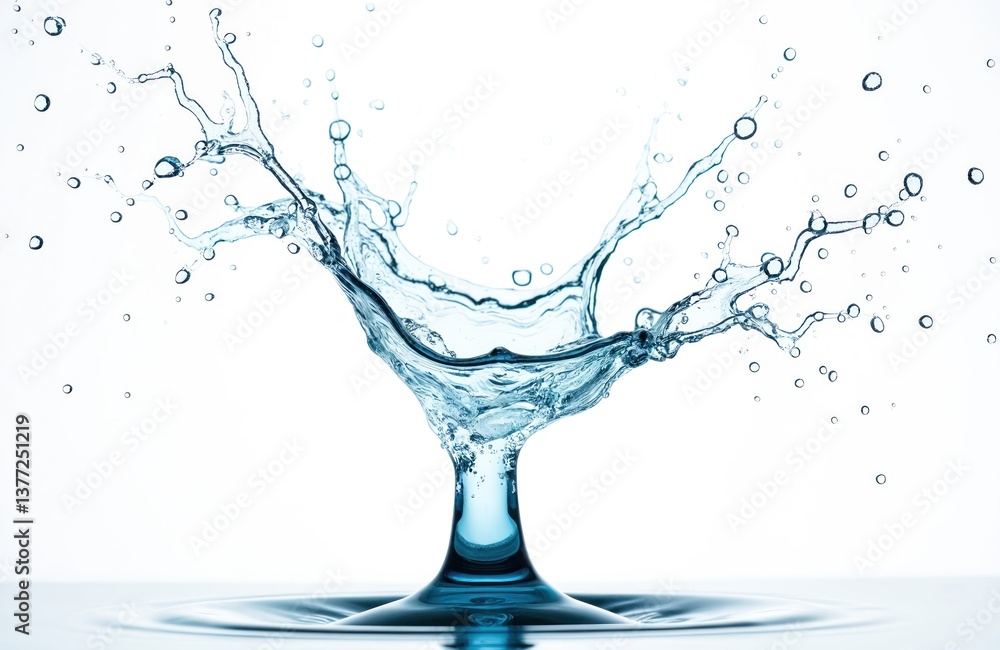 Poster artistic water splash, captured mid-air. clear water droplets scatter outward from central point. is