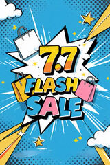 Fototapeta premium AI Generative. Poster design of 7.7 flash sale with halftone dots and blue explosion burst shape with a thick black outline. Above the bags, a white sign. 2