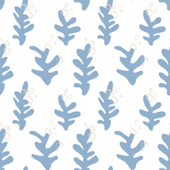 Seaweed silhouette seamless pattern on white background. Hand drawn doodle illustration. Underwater sea life summer holiday. Blue seaweed, algae design element set