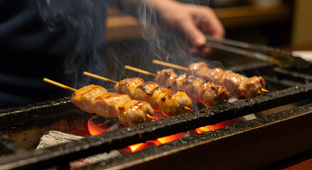 Naklejka premium Yakitori skewers grilling over glowing charcoal, smoky ambiance