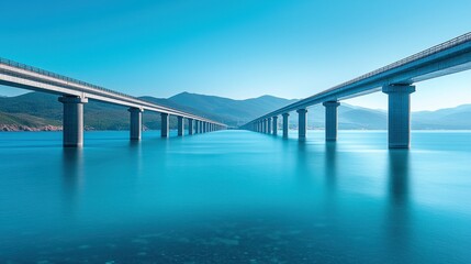 Two Bridges Spanning a Calm Turquoise Lake, Mountains in the Background