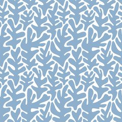 Seaweed silhouette seamless pattern on white background. Hand drawn doodle illustration. Underwater sea life summer holiday. Blue seaweed, algae design element set