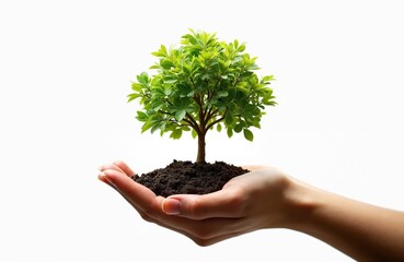 Hand holding small tree with soil isolated on white background. Concept of environment protection, ecology, earth day, growth, gardening, planting, new life, sustainability. Green leaves with life,