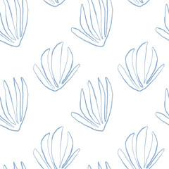 Seaweed silhouette seamless pattern on white background. Hand drawn doodle illustration. Underwater sea life summer holiday. Blue seaweed, algae design element set