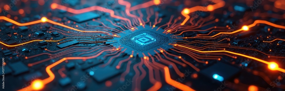 Aufkleber Abstract printed circuit board with glowing orange and cyan lines. Digital circuit board with glowing lines in modern design. Tech background illustration for digital design. Futuristic graphic.