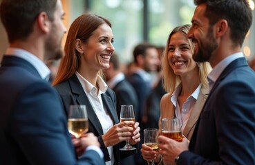 Business colleagues networking, drinking champagne at conference event. Men women in suits discuss new ideas, smiling. Teamwork, partnership in office setting. Celebration toast, success. Networking,