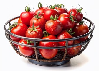 Juicy Red Tomatoes in Black Metal Basket Bowl - Fresh Produce Stock Photo