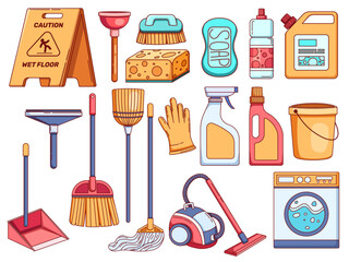illustration featuring essential cleaning supplies and tools, including a wet floor caution sign, mop, broom, dustpan, plunger, scrub brushes, sponge, vacuum cleaner, a washing machine, etc.