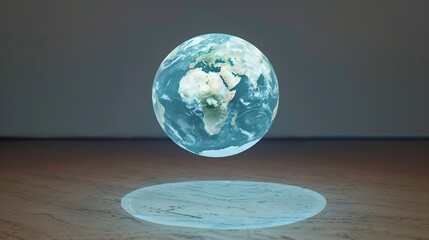 A futuristic holographic Earth map projected in mid-air.  