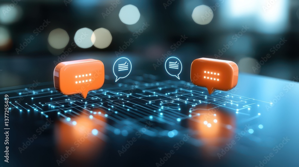 Poster two orange speech bubbles filled with asterisks hover above a network of glowing blue lines and dots
