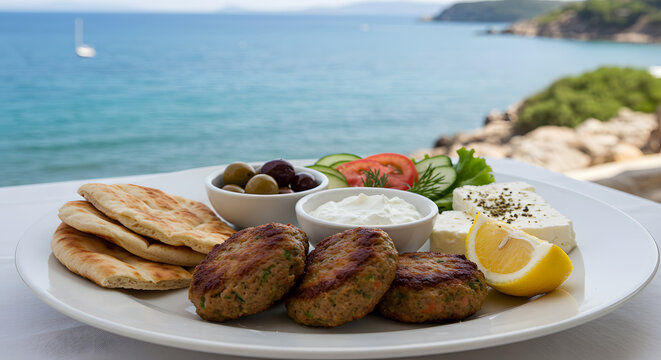 Greek Keftedakia Lunch with Aegean Sea View