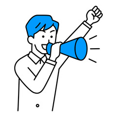 メガホンで応援するカジュアルな男性