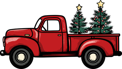 Vintage red truck transporting Christmas trees cartoon isolated on transparent background. Vector illustration.