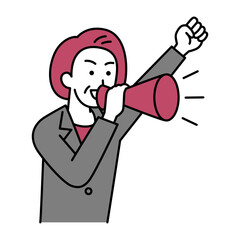 メガホンで応援する中年のスーツの女性
