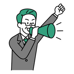 メガホンで応援する中年のスーツの男性