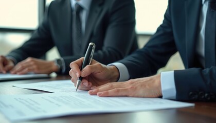 Business people, lawyers sign contract at table. Close-up of hands holding pen, signing legal document. Professional business partnership, teamwork, corporate negotiation, agreement, success.