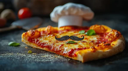 Fotobehang Delicious cheesy pizza slice with a fun mustache chef s hat in background warm lighting © PixelPulse AI