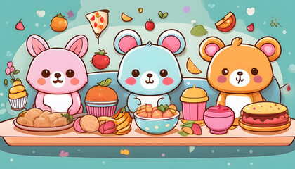 Fototapeta premium Cute cartoon animals enjoying a colorful feast with various desserts and fruits on a table
