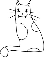 cute smiling cat with protruding fangs with whiskers and spots on the body sits and looks at the camera, hand drawing with black curved lines